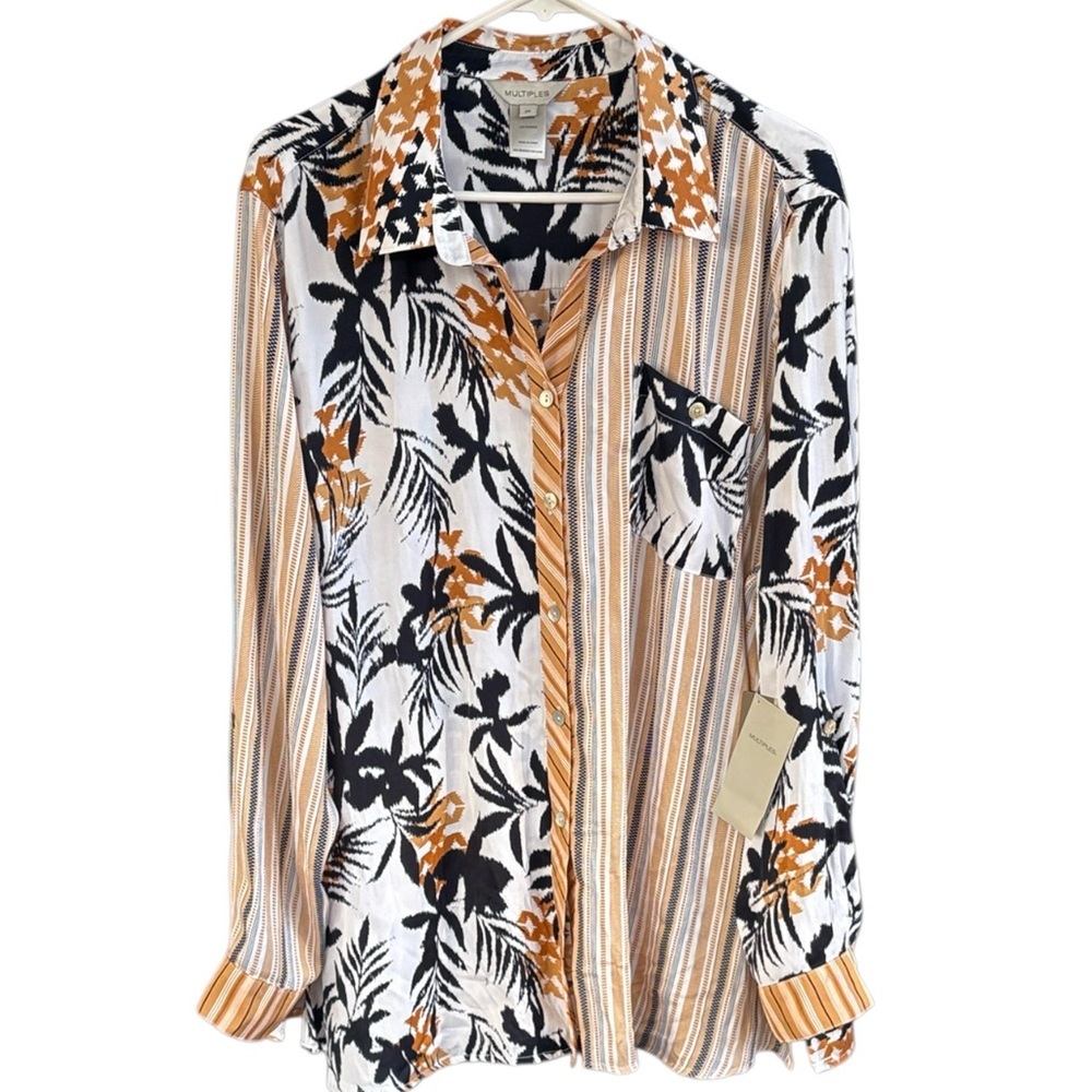 NWT Multiples Mixed Print Button Front Roll Tab Long Sleeve Top Size 2X